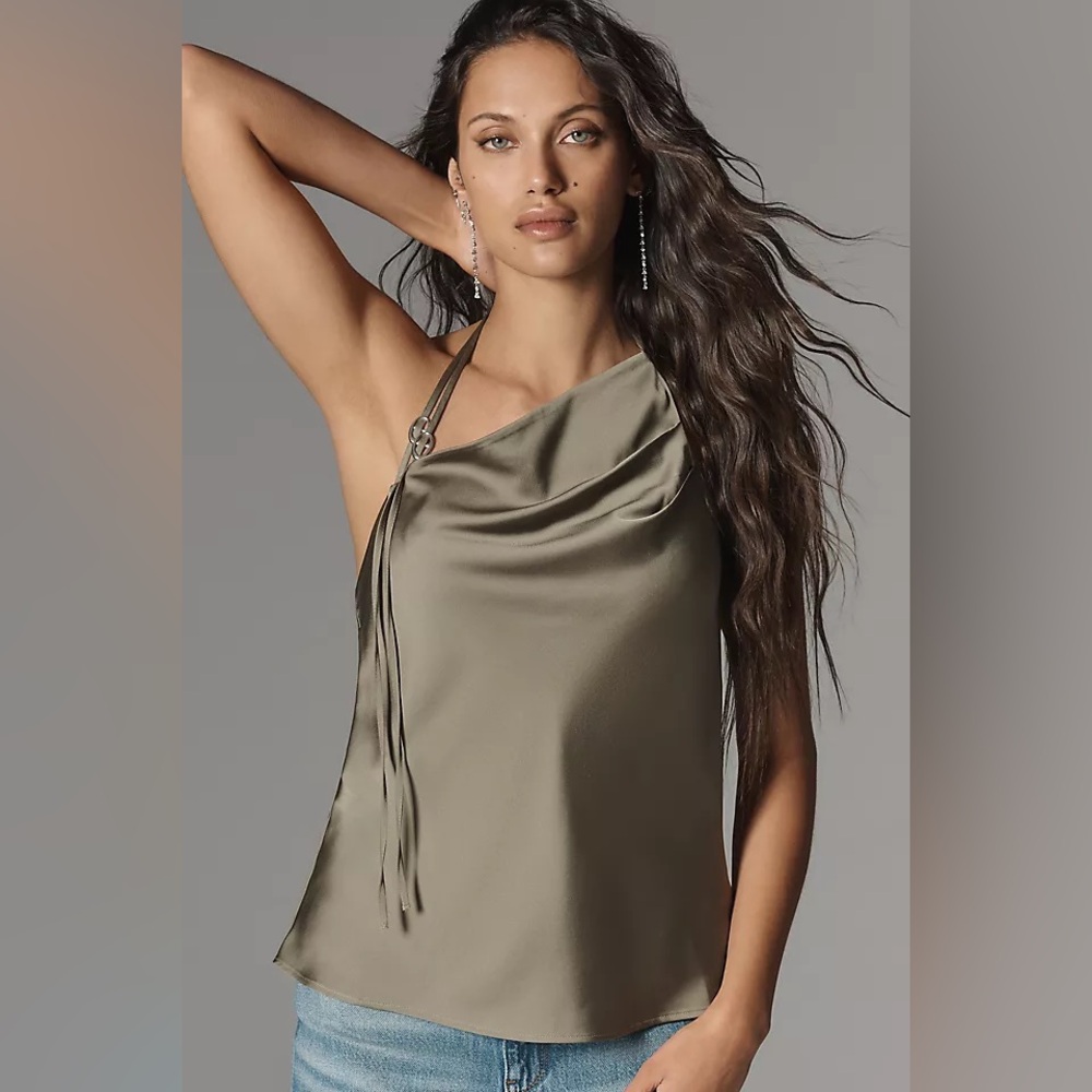 NWT Anthropologie Olive Satin One-Shoulder Halter Top